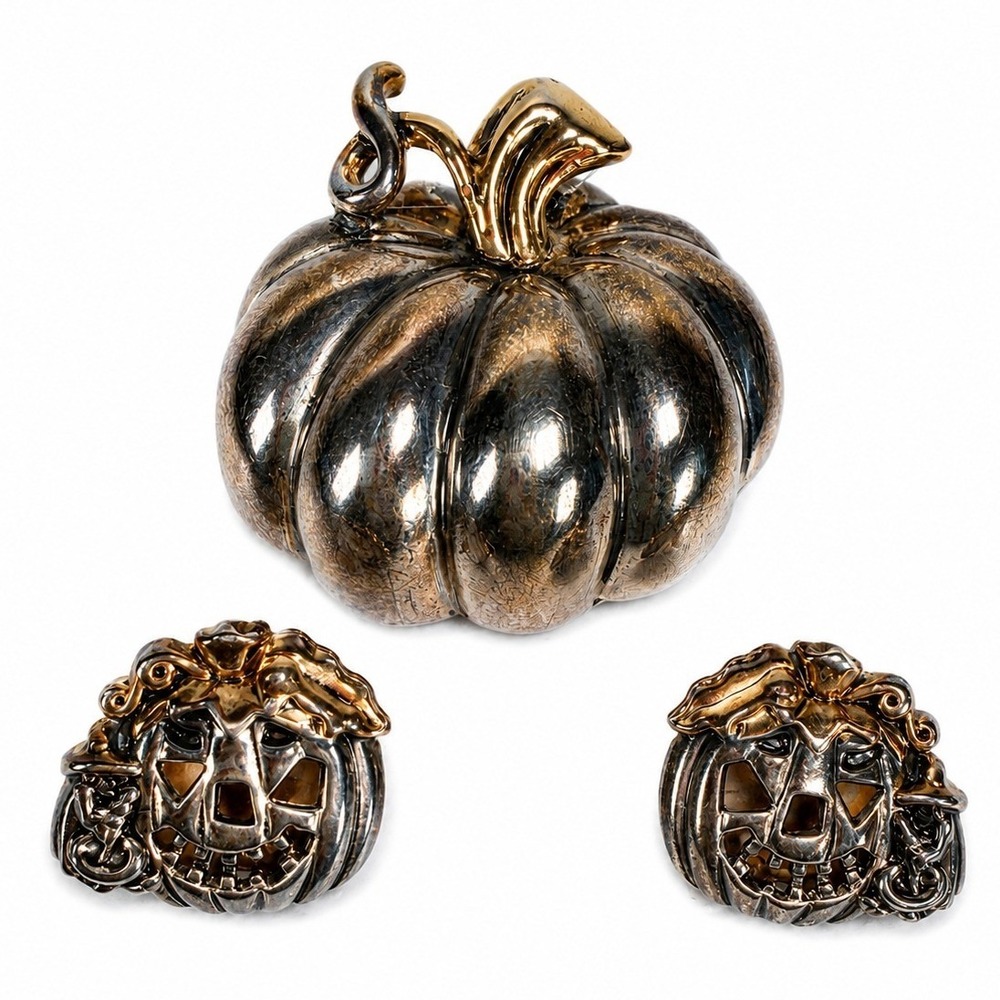 Best Jewelry Set Pumpkin Brooch Jack-O-Lantern Earrings Two-Tone Silver Gold